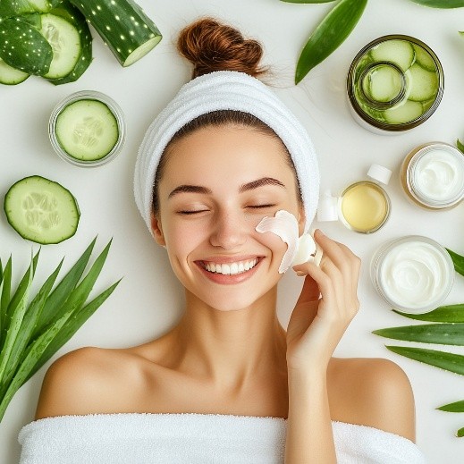 Junge koreanische Frau die korean Skincare verwendet