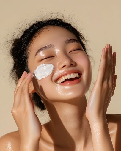 Eine glückliche Koreanerin hat koreanische Sonnencreme im Gesicht und lächelt dabei